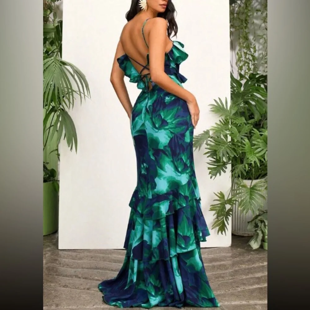 Green Floral Ruffle Mermaid Maxi Dress - Women's